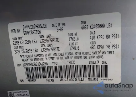 2006 Dodge Ram 2500 Slt/Trx4 Off Road/Sport/Power Wagon z USA, uszkodzony, nr VIN 1D7KS28C66J241275